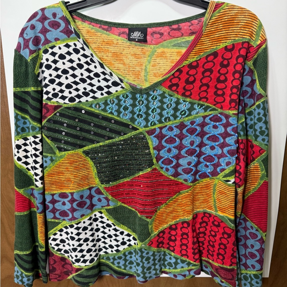 Colorful Miss Nikky‎ Euro Y2K Patterned V-Neck Top